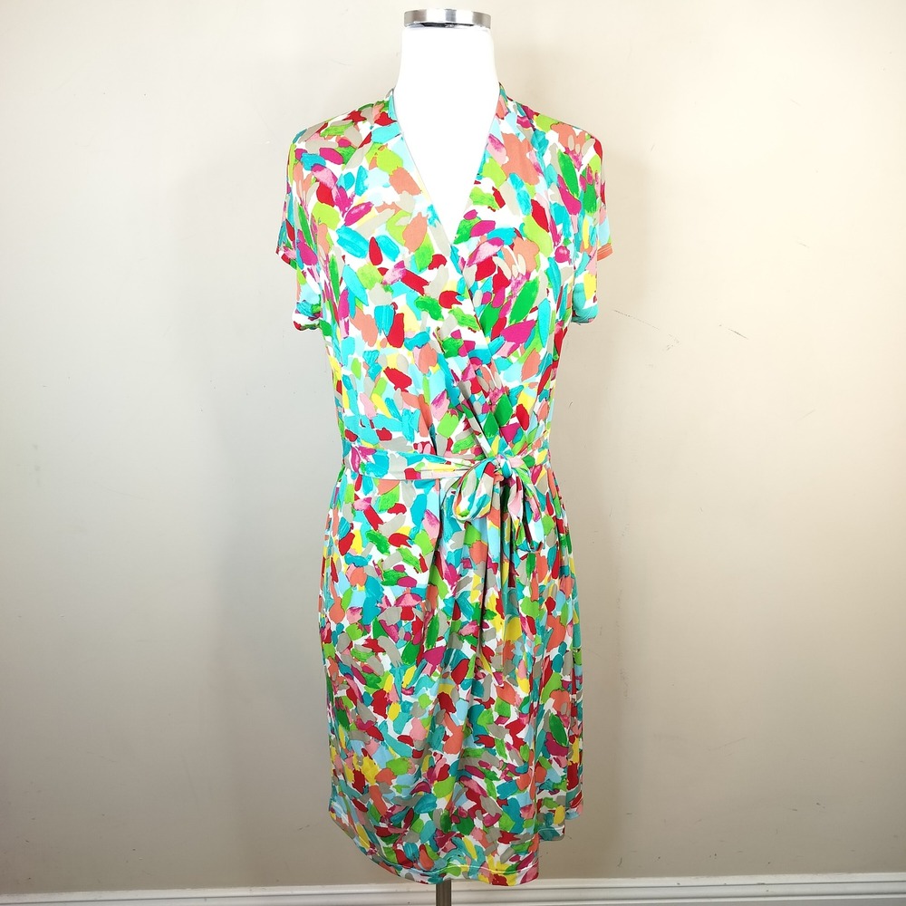 Ellen Tracy Faux Wrap Dress 12 Colorful Abstract Print Jersey Knit Tie Waist